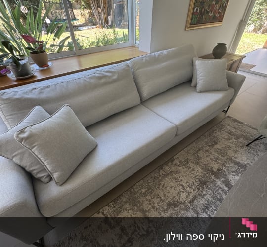 ספה אפורה ליד חלון עם צמחים
